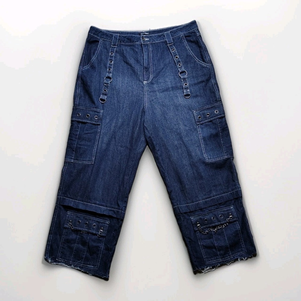 Hot Topic Denim Cutoff Jeans Straps Baggy Cargo Y2K Emo Goth Grunge Dark Blue 19